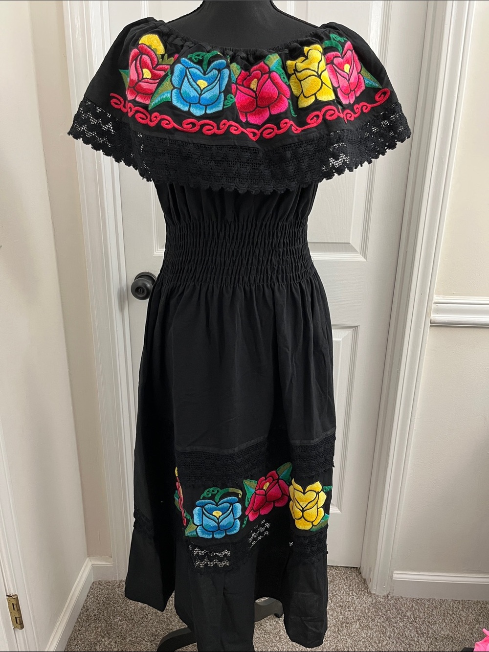 Black Embroidered Off-Shoulder Floral Maxi Dress
